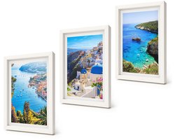 Coloray 3-Delige Schilderij Set - Uitzicht op de Griekse kust en het stadje Oia op Santorini - 20x30 - Wanddecoratie - Schilderijen Set - Interieur - Woonkamer Decoratie
