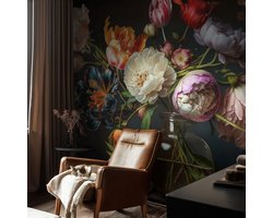 Coloray Vliesbehang - Oranje Snellijm Behang - 104x70 cm - Bloemenboeket Fotobehang Vlies - Hal behang Bloemen En Planten - Muurschildering - Hal behang