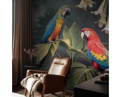 Coloray Vliesbehang - Zwart Snellijm Behang - 152x104 cm - Kleurrijke Papegaaien Fotobehang Vlies - Woonkamer behang Dieren - Muurschildering - Hal behang