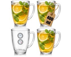 com-four® set van 4 theeglazen van gehard glas 400 ml hittebestendige beker met oor groot glas voor thee cacao koffie en cappuccino (4 stuks - 400 ml)
