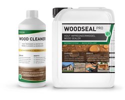Combi Deal - Hout impregneermiddel & Hout Reiniger / Ontgrijzer - Krachtige Nano Coating - Duurzaam Impregneren en 100% Waterdicht maken Tuinhout, Schutting, Vlonder, Planken - Woodseal Pro 5L (30m2) + Houtreiniger 1L