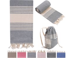 Combi Hamamdoek met Strandtas Grijs Strandlaken %100 Katoen XL 100x180cm Reishanddoek Beachbag Grote Tas Schoudertas Zwemtas Badlaken Groot Douchelaken Pestemal Fouta Pareo Yoga