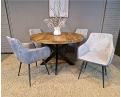 Combideal eetkamerset: ronde eettafel Mangohout 120 cm met 4 Kreta eetkamerstoelen met armleuning - ribstof Lichtgrijs