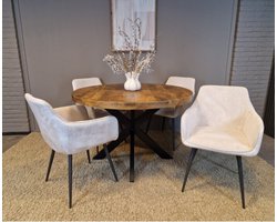 Combideal eetkamerset: ronde eettafel Mangohout 120 cm met 4 Kreta eetkamerstoelen met armleuning - ribstof Wit