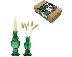 Comforder Cadeauset Glazen Kandelaar Gekleurd - Set van 2 Vazen met Kaars en Droogbloemen - Groene Kaarsenhouders