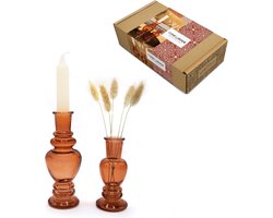 Comforder Cadeauset Glazen Kandelaar Gekleurd - Set van 2 Vazen met Kaars en Droogbloemen - Oranje Kaarsenhouders