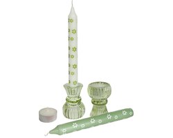 Comforder Cadeauset Glazen Kandelaar Gekleurd - Waxinelichthouders Set Incl. 2 Dinerkaarsen en 2 Waxinelichtjes - Groene Kaarsenstandaard