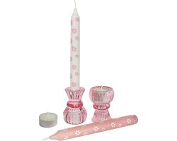 Comforder Cadeauset Glazen Kandelaar Gekleurd - Waxinelichthouders Set Incl. 2 Dinerkaarsen en 2 Waxinelichtjes - Roze Kaarsenstandaard