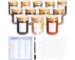 Comforder Set van 12 Kruidenpotjes Glas met Bamboe Deksel - Voorraadpotten met Stickers - Voorraadbussen