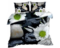 Comfort Premium - 3D Dekbedovertrek - 140x200 cm - Katoen Satijn - Witte Bloemen & Natte Stenen Design