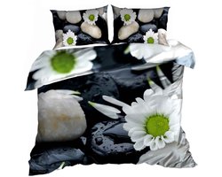 Comfort Premium - 3D Dekbedovertrek - 160x200 cm - Katoen Satijn - Witte Koreanki & Natte Stenen - Inclusief 2 Kussenslopen 70x80 cm