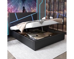 Comfortabel bed met zachte matras – voorzien van led-verlichting – 90 x 200 cm – tweepersoonsbed met lattenbodem – rugleuning – bed met hydraulische bediening – kunstleer – zwart