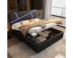 Comfortabel bed – voorzien van led-verlichting – 90 x 200 cm – tweepersoonsbed met lattenbodem – rugleuning – bed met hydraulische bediening – kunstleer – zwart