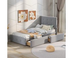 Comfortabel eenpersoonsbed met opberglade en rugleuning - 90 x 200 cm - Beige flanellen stof vloermontage