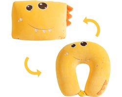 Comfortabel Reiskussen voor Kinderen met Dinosaurus Design, 2-in-1 Neksteun en Slaapkussen voor Auto, Vliegtuig en Thuisgebruik, Pluche Kussen in Geel