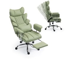 Comfortabele ergonomische bureaustoel met voetensteun - Draagvermogen tot 227 kg - Luxe bureaustoel voor grote en lange personen - Met verstelbare hoofdsteun en lendensteun - Kantelbare stoel van PU-leer voor thuisgebruik - Groen