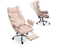 Comfortabele ergonomische bureaustoel met voetensteun - Draagvermogen tot 227 kg - Luxe bureaustoel voor grote en lange personen - Met verstelbare hoofdsteun en lendensteun - Kantelbare stoel van PU-leer voor thuisgebruik - Roze