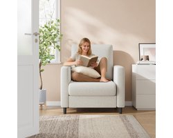 Comfortabele Fauteuil Beige - Compacte Leesstoel met Lendensteun - Moderne Relaxstoel voor Slaapkamer en Woonkamer - Stevig Houten Frame - Montage zonder Gereedschap - 84 cm Breed