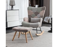 Comfortabele kleurrijke schommelstoel, 93 cm hoog, stoelbreedte 43 cm - inclusief 1 voetsteun (49*38*37 cm) en 1 lendenkussen, stabiel frame gemaakt van rubberen hout, multi -colored ontwerp, lounge stoel