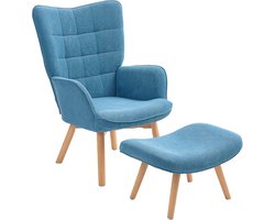 Comfortabele Oorfauteuil met Poef - Blauw Corduroy voor Woonkamer