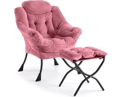 Comfortabele Relaxstoel met Opvouwbaar Voetenbankje - Lounge Fauteuil met Zijvak - Ergonomische Leesstoel - Draagkracht 180 kg - roze