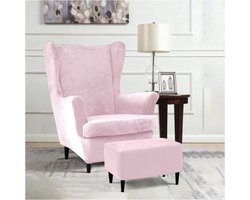 Comfortabele Retro Oorfauteuil met Hocker en Verlengde Katoenen Armsteunen, Stofbestendig en Wasbare Wingchair Hoes voor Woonkamer en Restaurant (Roze)