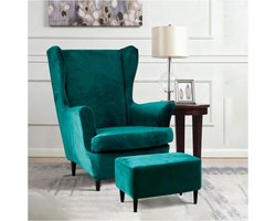 Comfortabele Retro Oorfauteuil met Poef en Verlengde Katoenen Armleuningen, Wasbare Hoofdkussenhoes, Perfect voor Woonkamer en Restaurant (Groen)
