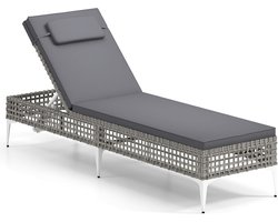 Comfortabele Zonneligstoel van Rotan met Kussen – Verstelbare Rugleuning & Hoofdsteun – Weerbestendig – Voor Tuin, Balkon & Terras – Tot 180 kg