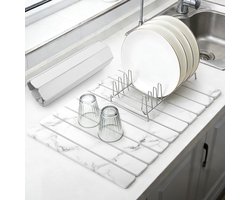 comfoyar Grote stenen afdruipmat voor aanrecht, sneldrogende afdruipmat van diatomeeënaarde, gemarmerde waterabsorberende mat voor borden, flessen, bekers en keukengerei, opvouwbaar, 60 × 39 cm, wit