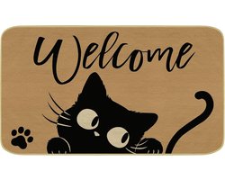 Comfoyar Leuke zwarte kattendeurmat, Meow Welcome decoratieve vloermat met antislip rubberen achterkant, vuilvanger, eenvoudige reiniging, deurmat voor binnen, patio, tuinhuis, accessoires 43 x 75 cm