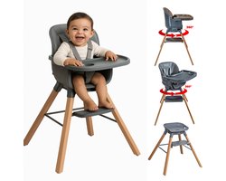 ComfyKidz® 360° Draaibare Kinderstoel – Meegroei Stoel met Houten Poten – 5-Punts Gordel – Verwijderbaar Eetblad – Donkergrijs – Geschikt vanaf 6 Maanden tot 3 Jaar