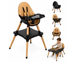 ComfyKidz® 5 in 1 Kinderstoel met Speeltafelfunctie - Luxe Meegroeistoel met Beukenhouten Poten - Baby Eetstoel - Peuterstoel - Zwart/Bruin