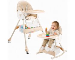 ComfyKidz® Inklapbare 4 in 1 Kinderstoel met Schommelfunctie - Met Voetensteun - Meegroeistoel met Opbergmand - 0 tot 5 Jaar - Kinderstoeltje- Peuterstoel - Baby Eetstoel met Wieltjes - Beige