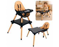 ComfyKidz® Luxe 5 in 1 Kinderstoel met Speeltafelfunctie - Meegroeistoel met Beukenhouten Poten - Baby Eetstoel - Peuterstoel - Zwart/Bruin