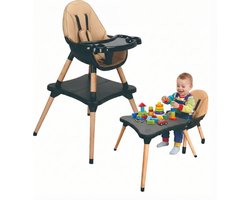 ComfyKidz® Multifunctionele 5 in 1 Kinderstoel incl. Speeltafel | Premium Houten Eetstoel Baby & Peuterstoel | Lichtbruin/ Zwart | 6 Maanden tot 6 Jaar | MultiSeat Mocha