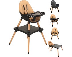 ComfyKidz® Multifunctionele 5-in-1 Kinderstoel met Speeltafel - Verstelbare Hoge Eetstoel - Meegroeistoel met Houten Poten - Babystoel & Peuterstoel - Lichtbruin/Zwart