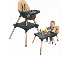 ComfyKidz® Multifuntionele 5-in-1 Meegroeistoel - Luxe Houten Kinderstoel met Tafeltje - Inclusief Verstelbare Veiligheidsriem & Kussen - Baby tot 6 Jaar - Zwart/Hout