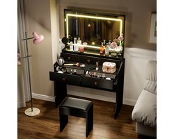 COMHOMA - Kaptafel met LED Verlichting - Met Spiegel en Kruk - Zwart