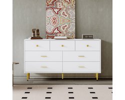 Commode - 140x35x76 cm - Ladenkast met 7 Laden - Gouden Poten en Grifjes - Spaanplaat - Wit