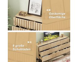 Commode 150 x 34 x 72 cm – Modern Dressoir met 9 Lades – Smalle Opbergkast / TV-Meubel / Buffetkast in Naturel Houtlook – Abkantoor