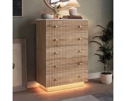 Commode 5 Tiroirs en Bois avec LED Ambiance, Rangement Haute, Sécurité Anti-Basculement