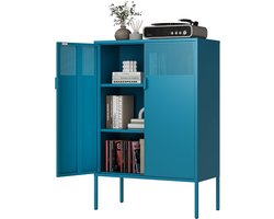 Commode 80 cm Breed, Dressoir met 3 Vakken en 2 Deuren, Metalen Kast in Blauw, Multifunctionele Kast met Flexibele Planken, Archiefkast en Kantoorkast voor Thuis en op Kantoor
