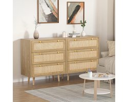 Commode 80x40x73 cm – Rotan Ladekast met 3 Lades – Eiken Houten Dressoir voor Slaapkamer, Woonkamer en Hal – Boho Japandi Stijl – Dader