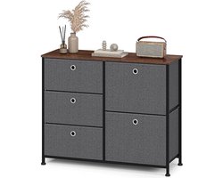 Commode box met 5 lades van stof dressoir TV box metalen opbergsysteem praktische organizer bijzettafel voor woonkamer slaapkamer hal keuken kantoor staal hout Zwart en grijs