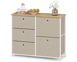 Commode box met 5 lades van stof dressoir TV box metalen opbergsysteem praktische organizer bijzettafel voor woonkamer slaapkamer hal keuken kantoor staal hout wit & beige