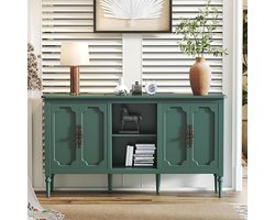 Commode Dressoir met 4 Deuren en Open Kast – Vintage Groen Houten Buffetkast – Medahomestore Sideboard voor Woonkamer, Eetkamer & Keuken – Opbergkast met Verstelbare Planken & Open Rek – Retro Landelijke Stijl