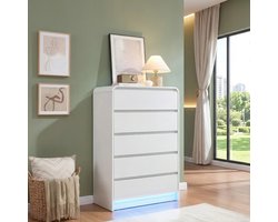 Commode, hoge 5-ladenkast met ledverlichting, opbergmeubel 73 x 40 x 110 cm, afgerond ontwerp zonder handgrepen, moderne minimalistische stijl - Wit