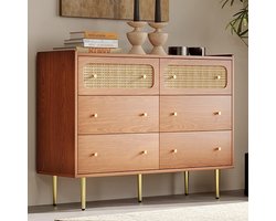 Commode Hout Walnoot met 6 Laden – Rotan Dressoir & Vintage Ladekast met Metalen Poten – Modern Highboard voor Slaapkamer, Woonkamer & Hal – Stabiel, Luxe Design – 120x40x90 cm – Medahomestore