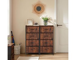 Commode kast met 4 stoffen lades, opbergkast met stevige stalen frame en houten blad, 95 cm hoog, waterproof, voor slaapkamer, woonkamer, kinderkamer, hal.-Roest