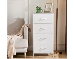 Commode kast met 4 stoffen lades, opbergkast met stevige stalen frame en houten blad, 95 cm hoog, waterproof, voor slaapkamer, woonkamer, kinderkamer, hal.-Wit